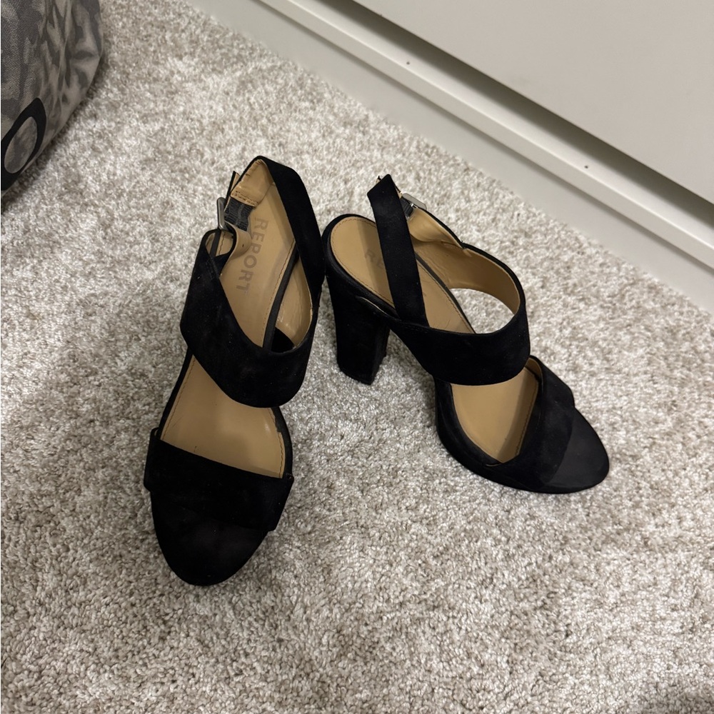 Report Black Suede Block Heel Sandals Size 8.5